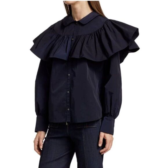 Cinq a Sept Womans Marcelle Ruffled Blouse Shirt XXS Navy Blue Taffeta NWT - Picture 1 of 7